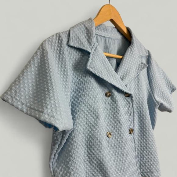 Top and Shorts Set Women Size Medium Blue Short Sleeves Cropped High Waisted - Picture 7 of 10